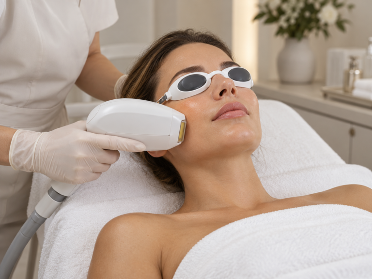 Illustrative IPL facial treatment with protective eyewear